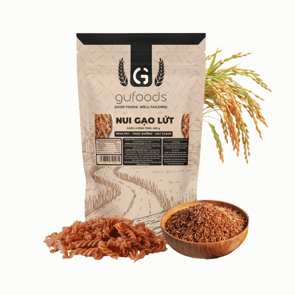 Nui gạo lứt GUfoods - Dai ngon tự nhiên, Healthy, Eat clean, Thực dưỡng, Lành mạnh, Thuần chay (túi zip 400g)