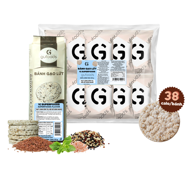 Bánh gạo lứt GUfoods vị Superfoods - Không chiên dầu, Không đường, Từ gạo và ngũ cốc nguyên hạt, Lành mạnh, Phù hợp Eat clean, Ăn vặt healthy, Thực dưỡng, Tập gym, Thuần chay