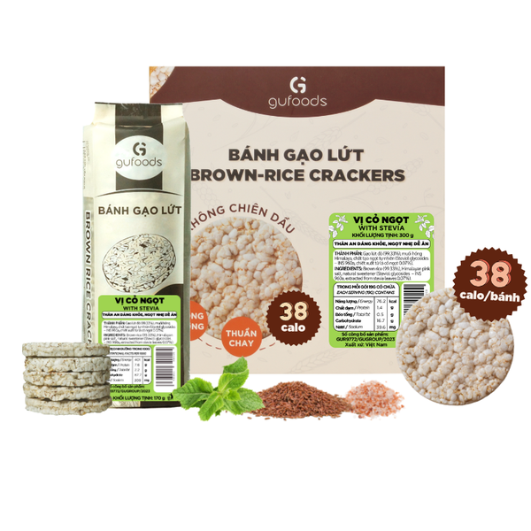 Bánh gạo lứt GUfoods vị Cỏ ngọt - Không chiên dầu, Không đường, Lành mạnh, Phù hợp Eat clean, Ăn vặt healthy, Thực dưỡng, Tập gym, Thuần chay