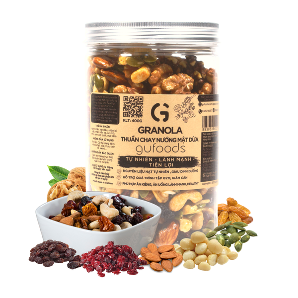 Granola thuần chay nướng mật dừa nước GUfoods (hũ 400g) (0% yến mạch; Mix siêu hạt mắc ca, óc chó, nam việt quất, hạnh nhân, hạt điều, nho khô) - Dinh dưỡng, Tiện lợi, Thơm ngon, Giàu lợi ích sức khỏe