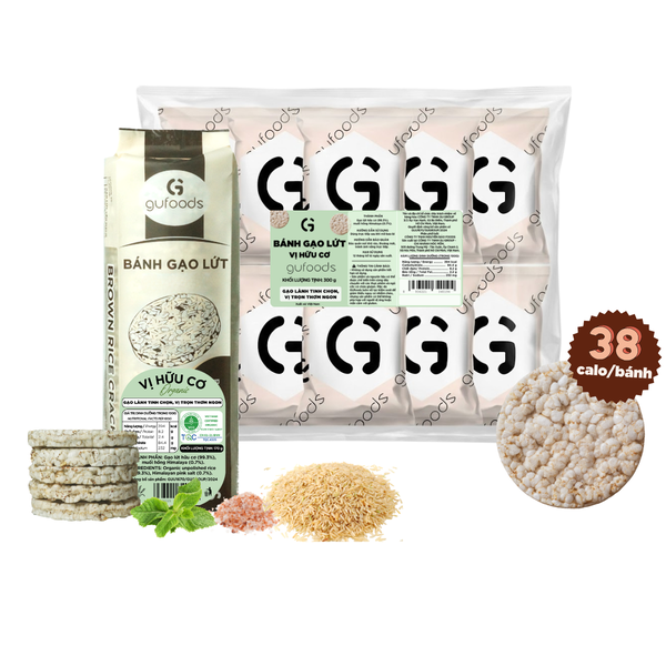 Bánh gạo lứt Hữu cơ GUfoods - Thành phần gạo lứt organic, Không đường, Không chiên dầu, Lành mạnh, Phù hợp Eat clean, Ăn vặt healthy, Thực dưỡng, Tập gym, Thuần chay