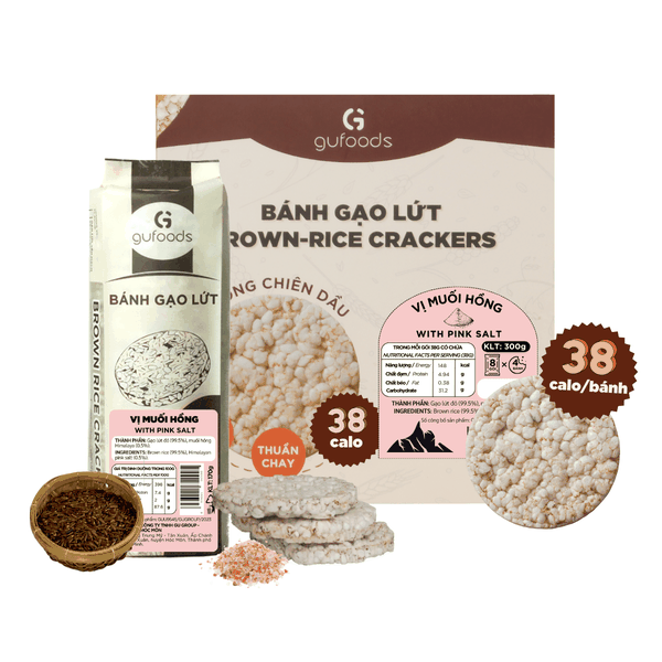 Bánh gạo lứt GUfoods vị Muối hồng -  Không chiên dầu, Không đường, Lành mạnh, Phù hợp Eat clean, Ăn vặt healthy, Thực dưỡng, Tập gym, Thuần chay