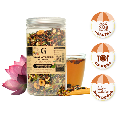 Trà gạo lứt đậu đen vị Tim sen GUfoods (hũ 500g) - Thư giãn tinh thần, Thanh nhiệt, Mát gan, Cải thiện giấc ngủ, Thanh lọc cơ thể