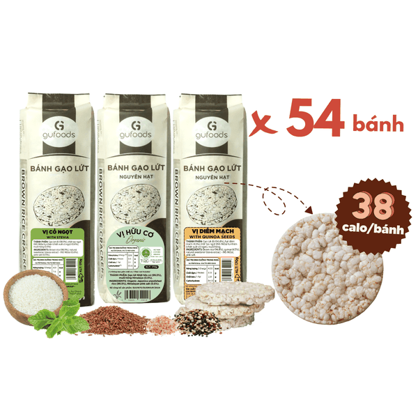 Bánh gạo lứt ăn kiêng GUfoods - Combo Mix 3 vị Hữu cơ, Diêm mạch, Cỏ ngọt (510g) - Không chiên dầu, Phù hợp Eat clean, Ăn vặt healthy, Thực dưỡng, Tập Gym