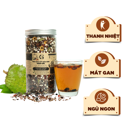 Trà gạo lứt đậu đen GUfoods - Vị mãng cầu - Dịu thơm ngọt nhẹ dễ uống, Giàu chất chống oxy hoá, Thanh nhiệt, Mát gan, Cải thiện giấc ngủ (hũ 500g)