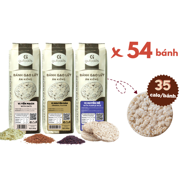 Bánh gạo lứt ăn kiêng GUfoods 510g mix 3 vị (Yến mạch + Nguyên bản + Huyền mễ)- Tập gym, giảm cân, thực dưỡng, eat clean