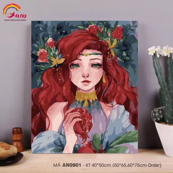 Tranh tô màu theo số số hóa từ tranh của Margaret Morales - Cô gái lựu đỏ mã AN0901