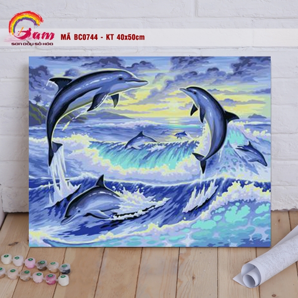 Tranh sơn dầu số hóa tô màu tự vẽ - Mã BC0744 Tranh biển cả con vật đôi cá heo