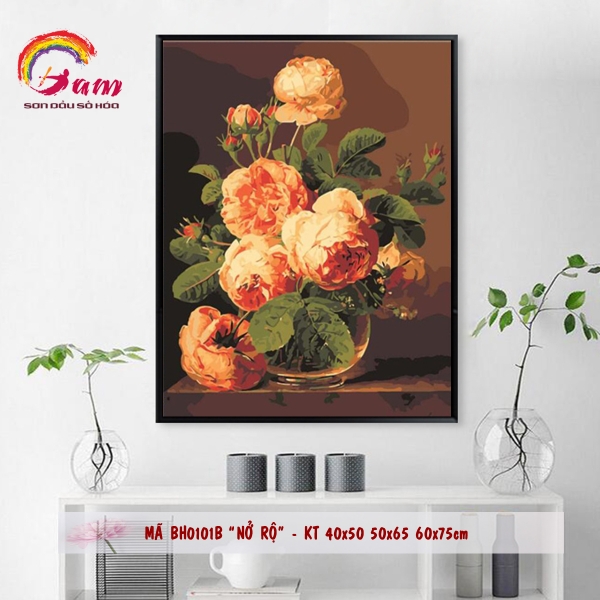 Tranh sơn dầu số hóa tự vẽ Gam mã BH0101B Tranh lọ hoa tĩnh vật cổ điển vintage