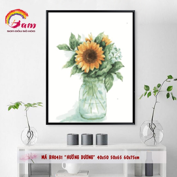 Tranh sơn dầu số hoá tự tô treo tường - Mã BH0431 Lọ hoa hướng dương