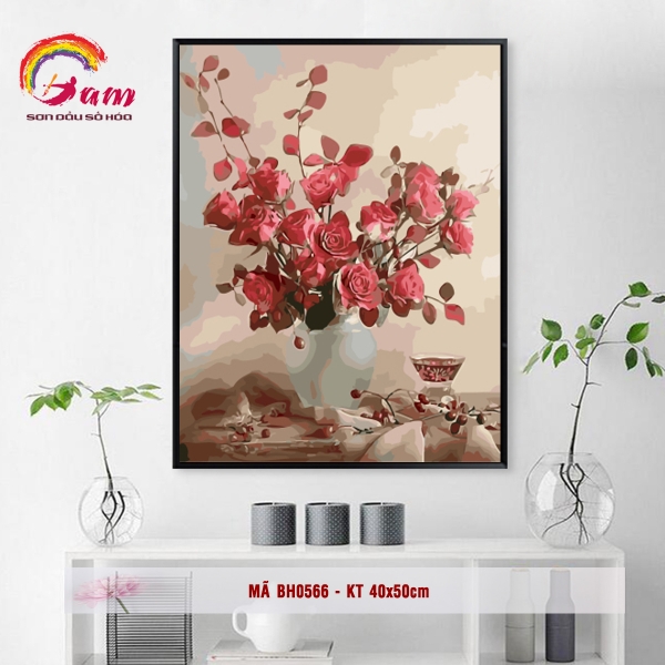 Tranh tự tô màu sơn dầu số hóa DIY các loại hoa - Mã BH0566 Bình hoa hồng