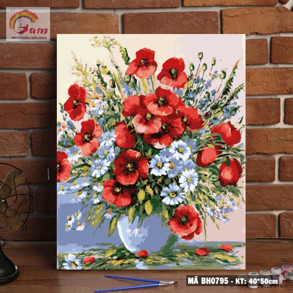 Tranh sơn dầu số hóa tô màu tự vẽ - BH0795 Tranh trang trí nhà bình hoa lọ hoa anh túc
