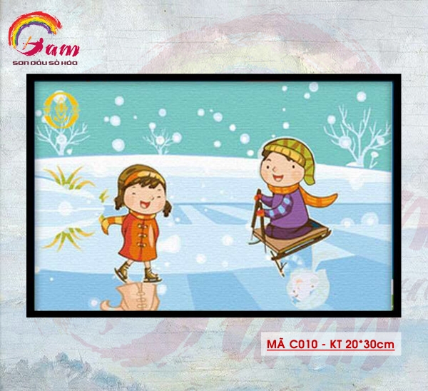 Tranh tự tô màu sơn dầu số hóa DIY size nhỏ cho trẻ em - Mã C010 Trượt tuyết