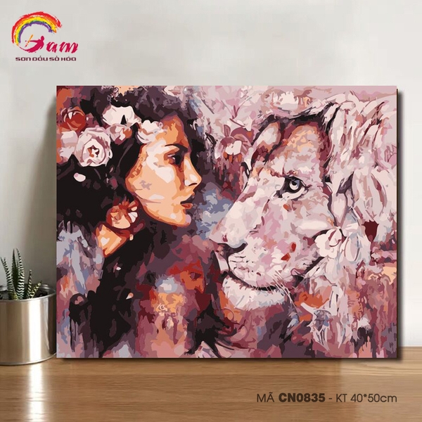 Tranh tô màu theo số CN0835 Tranh hiện đại cô gái và sư tử