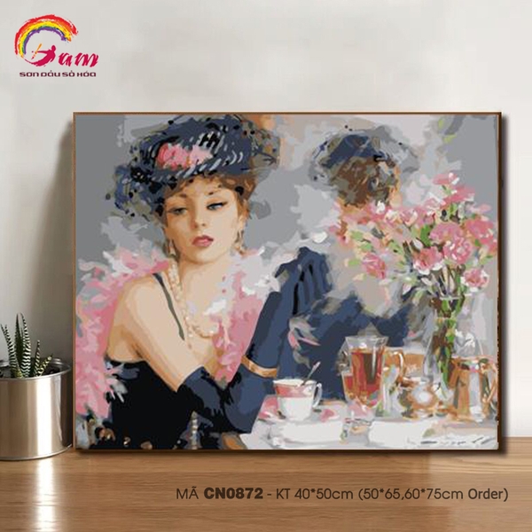 Tranh tô màu theo số cho người lớn Gam người phụ nữ uống trà CN0872