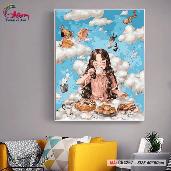 Tranh tô màu số hóa Gam treo tường trang trí cô bé thư giãn uống trà CN4267