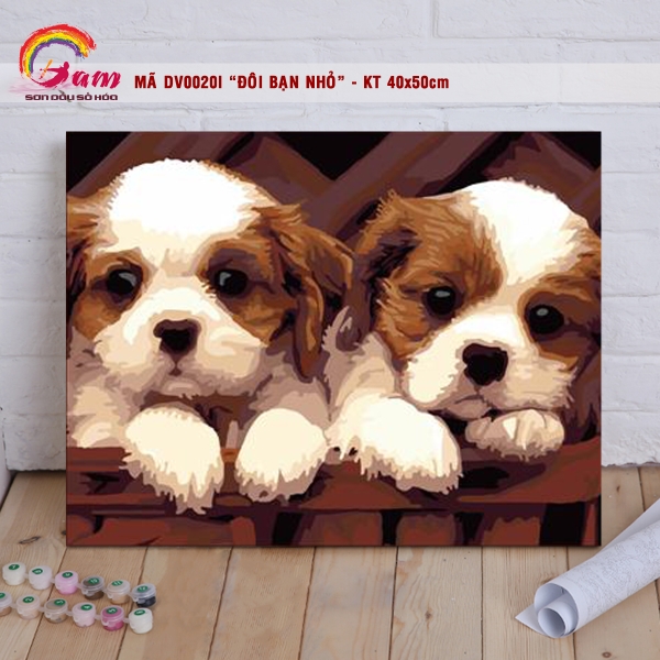 Tranh sơn dầu số hoá tự tô màu Gam treo tường động vật Hai chú cún DV0020I