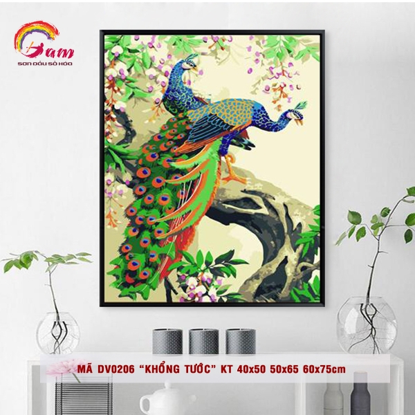 Tranh sơn dầu số hoá tự tô Gam Mã DV0206 Tranh đôi công khổng tước