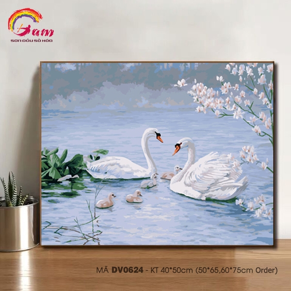 Tranh tô màu theo số sơn dầu số hóa Gam Tranh gia đình thiên nga trắng Hồ thiên nga DV0624