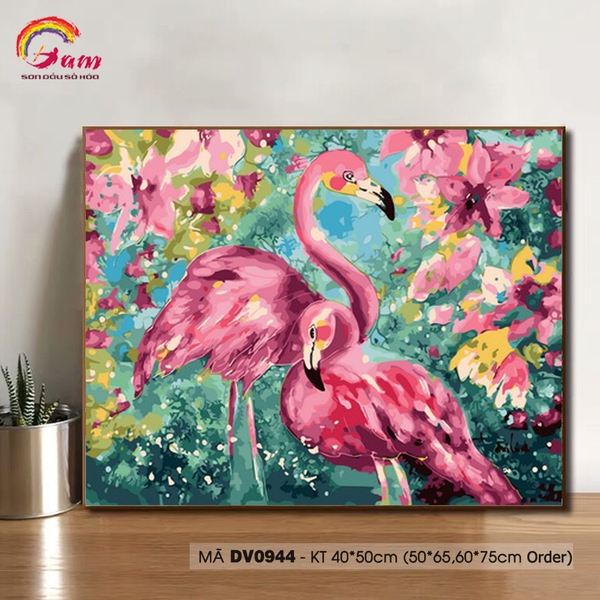 Tranh số hóa tự tô màu đôi chim Hồng hạc Flamingo DV0944