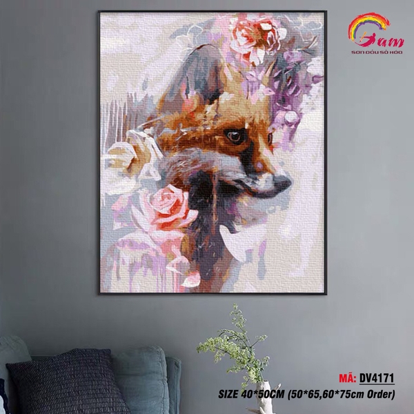 Tranh tô màu theo số Gam hồ ly và hoa hồng DV4171