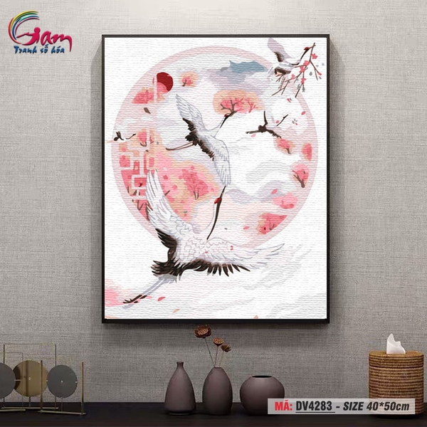 Tranh trang trí tự tô màu theo số Gam Tranh hạc trắng hoa đào DV4283