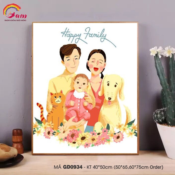Tranh tô màu số hóa Gam Tranh gia đình hạnh phúc cute đơn giản dễ vẽ GD0934 Happy family