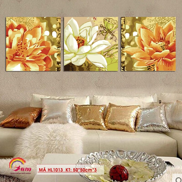 Bộ 3 tranh sơn dầu số hóa tự tô màu DIY hoa sen - Mã HL1013 Hỷ kết liên hoa Tranh hoa sen cổ điển