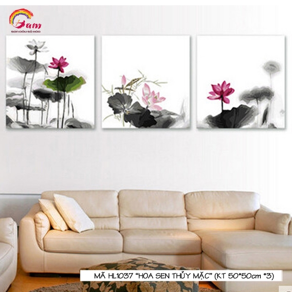 Bộ 3 tranh Sơn dầu số hoá DIY tự vẽ - Mã HL1037 Hoa sen thuỷ mặc