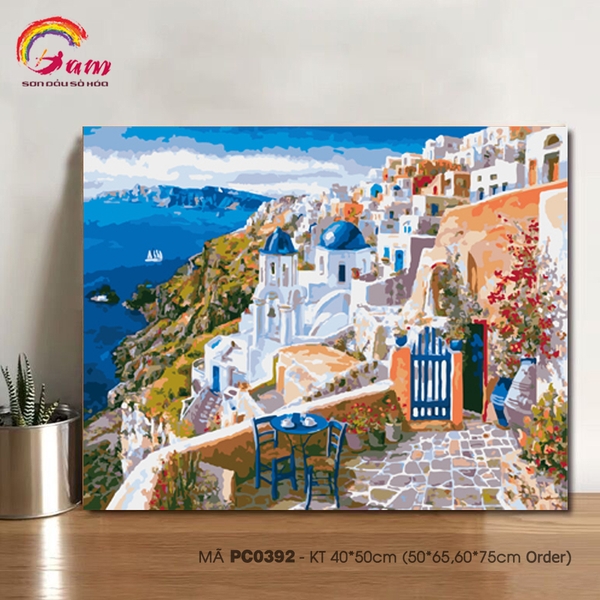 Tranh tự tô màu sơn dầu số hóa phong cảnh Địa Trung Hải Santorini - PC0392