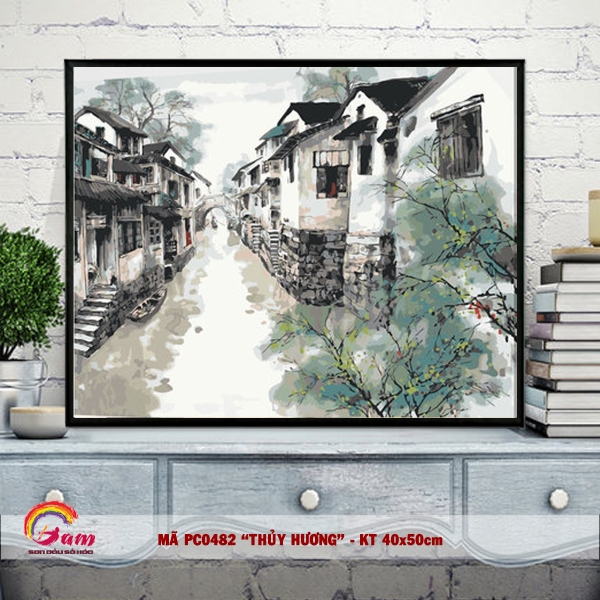 Tranh sơn dầu số hoá phong cảnh thủy mặc sông nước Giang Nam PC0482