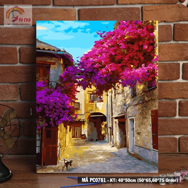Tranh tự tô màu số hóa Gam phong cảnh góc phố hoa giấy Provence PC0781