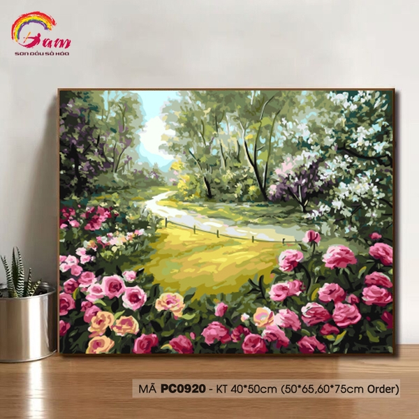 Tranh tự tô màu theo số sơn dầu số hóa Gam Tranh phong cảnh mùa xuân Đường mòn trong rừng hoa PC0920