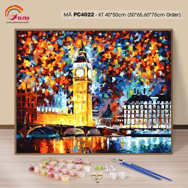 Tranh sơn dầu số hóa tự tô màu Gam tháp đồng hồ Big Ben nước Anh PC4022