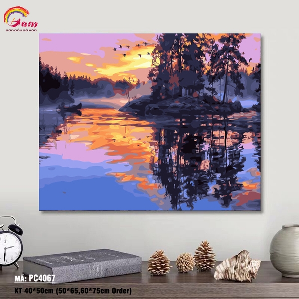 Tranh tô màu theo số sơn dầu số hóa Gam Hoàng hôn bên hồ PC4067