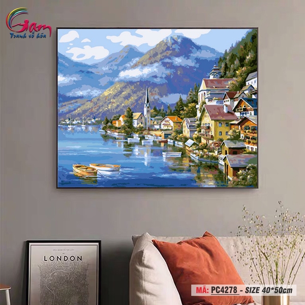 Tranh trang trí tự tô màu theo số Gam phong cảnh châu Âu ngôi làng Hallstatt PC4278