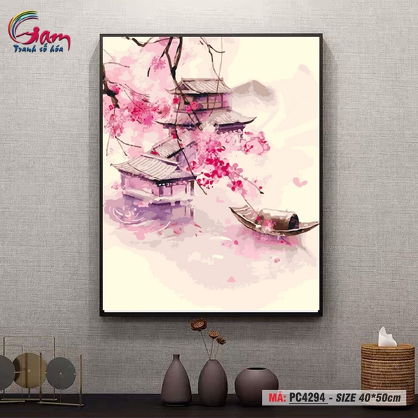 Tranh trang trí tự tô màu theo số Gam phong cảnh Trung Hoa hoa đào bến sông PC4294