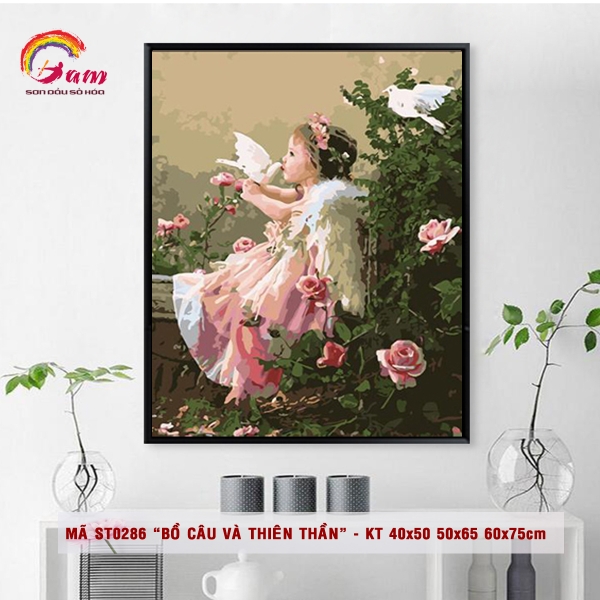 Tranh số hóa tự tô màu theo số Gam - Tranh thiên thần nhỏ và bồ câu mã ST0286