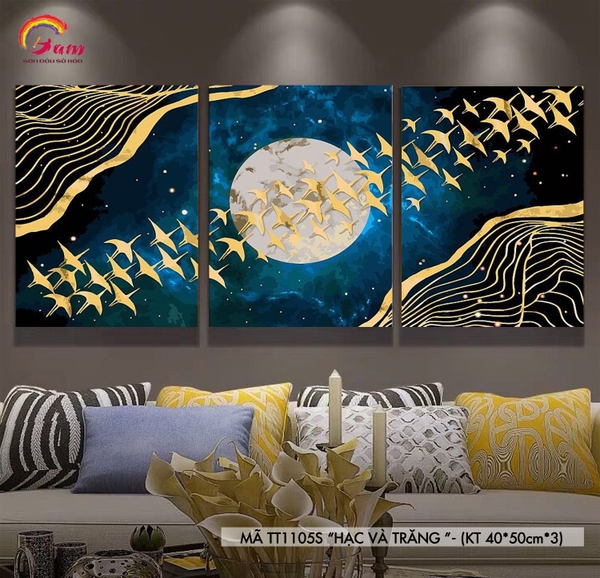 Bộ tranh tự tô màu trang trí phòng khách hiện đại sơn dầu số hóa Trăng vàng Trăng và hạc TT1105S