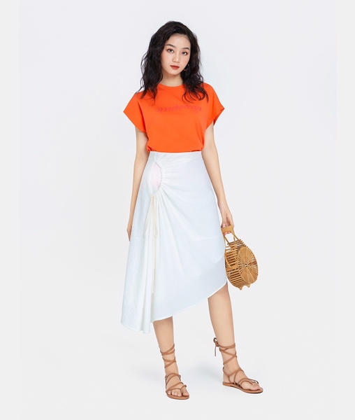 Chân váy bất đối xứng rút dây hồng