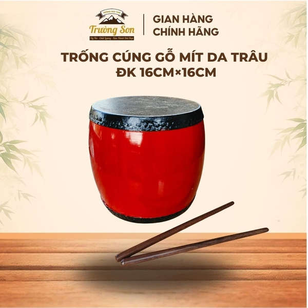 Trống Đế 16x16cm Tang Ghép Gỗ Mít Da Trâu Sơn Đỏ