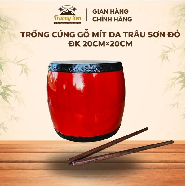 Trống Đế 20×20cm Tang Ghép Gỗ Mít Sơn Đỏ – Mặt Da Trâu