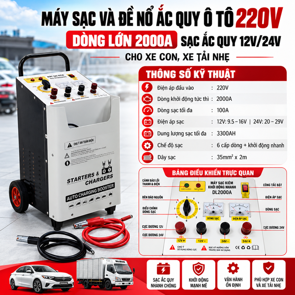 Máy sạc và đề nổ ắc quy ô tô 220V – Dòng lớn 2000A – Sạc ắc quy 12V/24V cho xe con, xe tải nhẹ