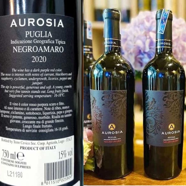 Rượu vang Aurosia Puglia Negroamaro 15 độ 750ml