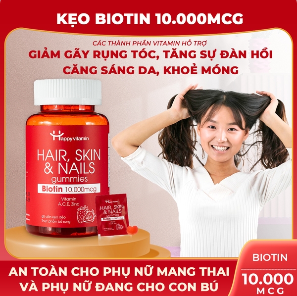 Kẹo dẻo mọc tóc, đẹp da, khỏe móng Happy Vitamin bổ sung Biotin hàng ngày Biotin Gummies