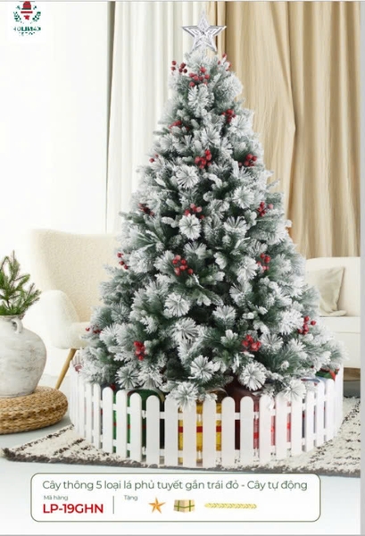 CÂY THÔNG 5 LOẠI LÁ PHỦ TUYẾT GẮN TRÁI ĐỎ - CÂY TỰ ĐỘNG