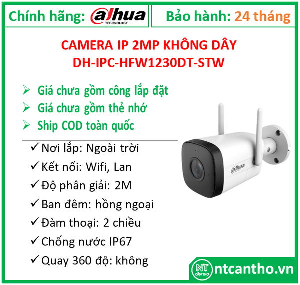 Camera IP 2MP không dây  Dahua DH-IPC-HFW1230DT-STW; 24T