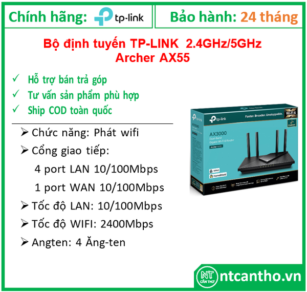 Bộ WIFI TP-Link Archer AX55 2,4/5GHz-- 4 Anten; 24T