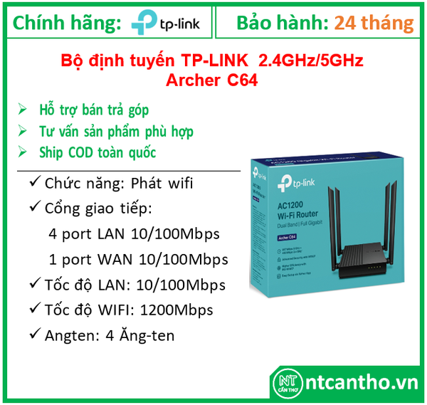 Bộ định tuyến TP-LINK, 2,4GHz/5GHz_Archer C64 --> phát wifi; 24T