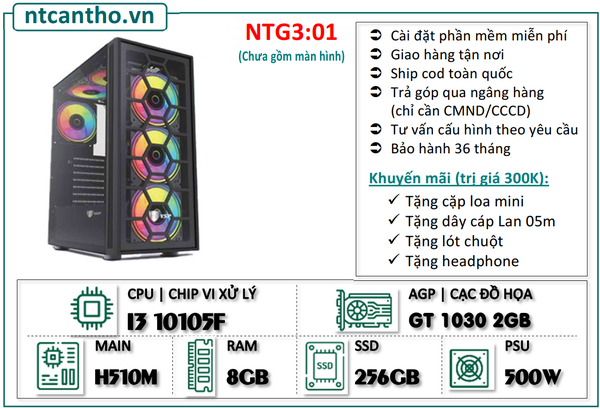Mainboard H510 | I3 10105F | Ram4 8G | SSD 256GB | Case game | PSU 500W | Card GT 1030 2GB | Tản nhiệt led | BH: 36T